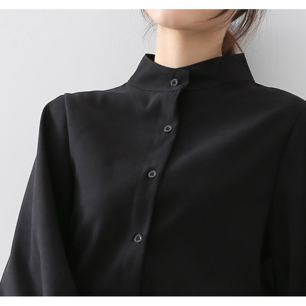 Big Lantern Sleeve Blouse Women Autumn Winter Single Breasted Stand Collar Shirts Office Work Blouse Solid Vintage Blouse Shirts - Ruby's Fashion