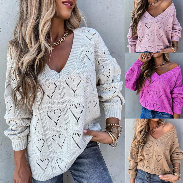 Women Autumn Winter Love Heart Hollow Crochet Sweater Loose V Neck Long Sleeve Casual Knitwear Jumper Rose Red/Pink/Khaki/White - Ruby's Fashion