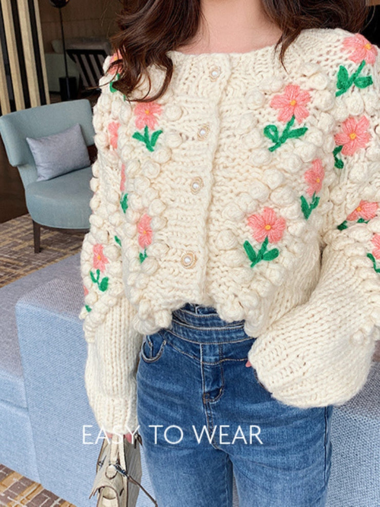 H.SA 2022 New Women Winter Handmade Sweater And Cardigans Floral Embroidery Hollow Out Chic Knit Jacket Pearl Beading Cardigans - Ruby's Fashion