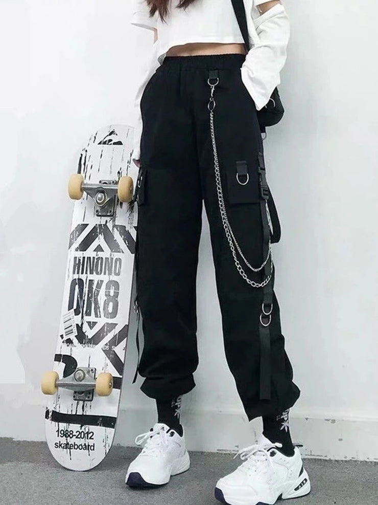 Women Cargo Pants 2021 Harem Pants Fashion Punk Pockets Jogger Trousers With Chain Harajuku Elastics High Waist Streetwear - Ruby's Fashion