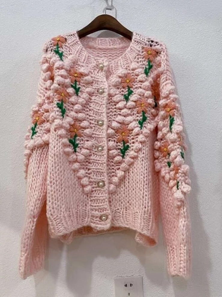 H.SA 2022 New Women Winter Handmade Sweater And Cardigans Floral Embroidery Hollow Out Chic Knit Jacket Pearl Beading Cardigans - Ruby's Fashion