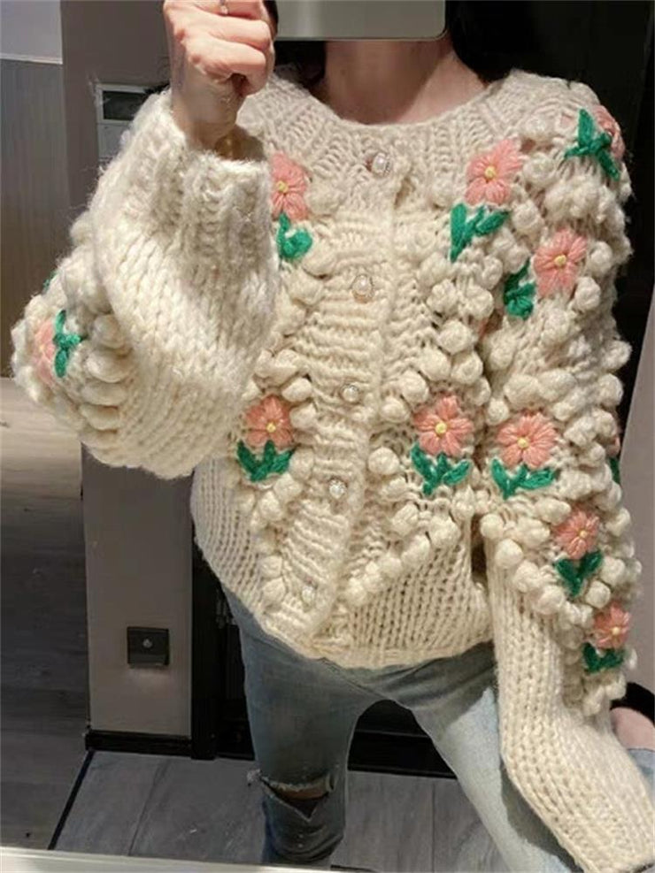 H.SA 2022 New Women Winter Handmade Sweater And Cardigans Floral Embroidery Hollow Out Chic Knit Jacket Pearl Beading Cardigans - Ruby's Fashion