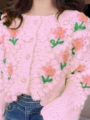 H.SA 2022 New Women Winter Handmade Sweater And Cardigans Floral Embroidery Hollow Out Chic Knit Jacket Pearl Beading Cardigans - Ruby's Fashion