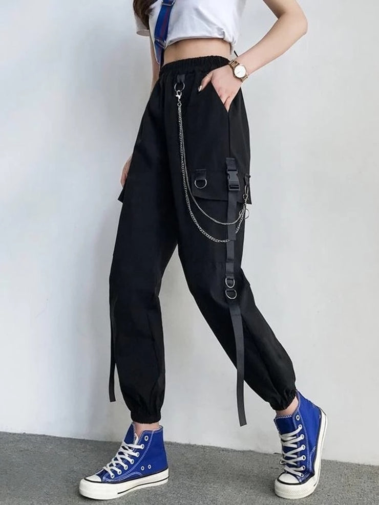 Women Cargo Pants 2021 Harem Pants Fashion Punk Pockets Jogger Trousers With Chain Harajuku Elastics High Waist Streetwear - Ruby's Fashion