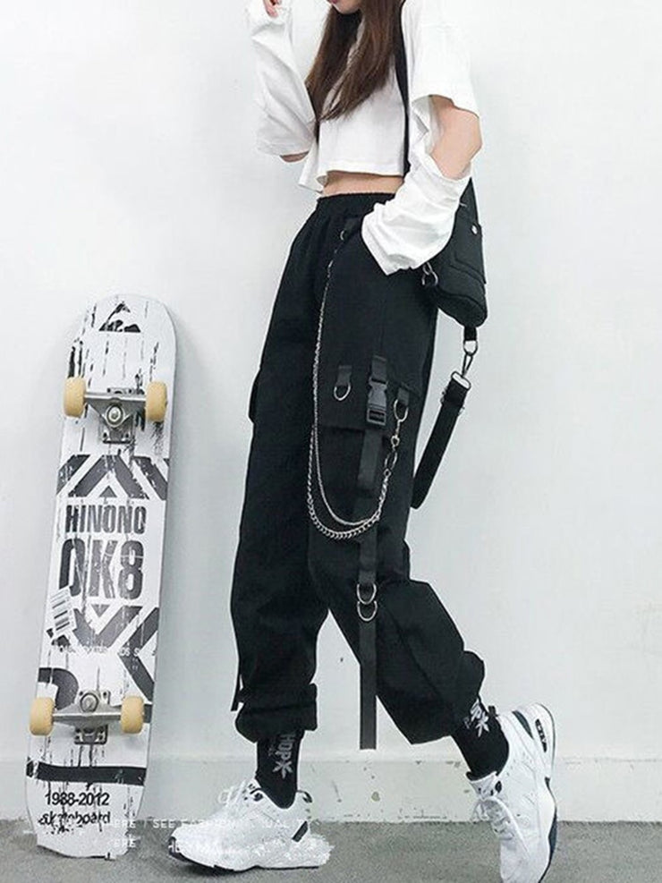 Women Cargo Pants 2021 Harem Pants Fashion Punk Pockets Jogger Trousers With Chain Harajuku Elastics High Waist Streetwear - Ruby's Fashion