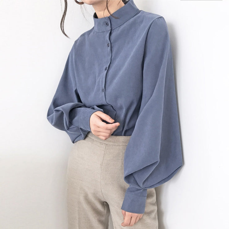 Big Lantern Sleeve Blouse Women Autumn Winter Single Breasted Stand Collar Shirts Office Work Blouse Solid Vintage Blouse Shirts - Ruby's Fashion