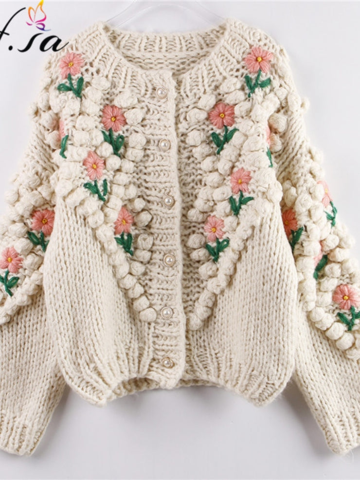 H.SA 2022 New Women Winter Handmade Sweater And Cardigans Floral Embroidery Hollow Out Chic Knit Jacket Pearl Beading Cardigans - Ruby's Fashion