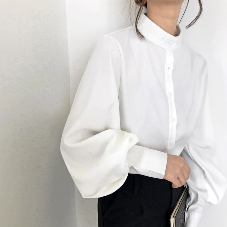 Big Lantern Sleeve Blouse Women Autumn Winter Single Breasted Stand Collar Shirts Office Work Blouse Solid Vintage Blouse Shirts - Ruby's Fashion