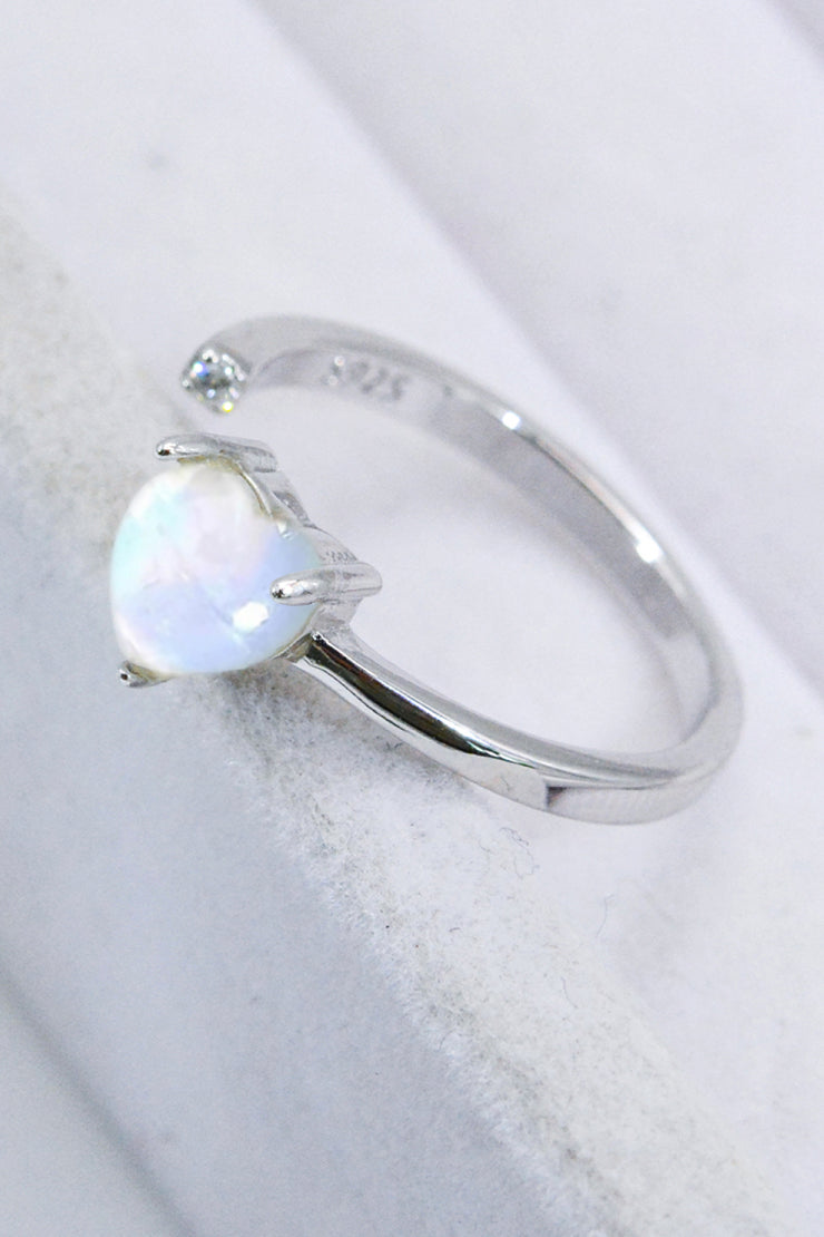 Inlaid Moonstone Heart Adjustable Open Ring - Ruby's Fashion