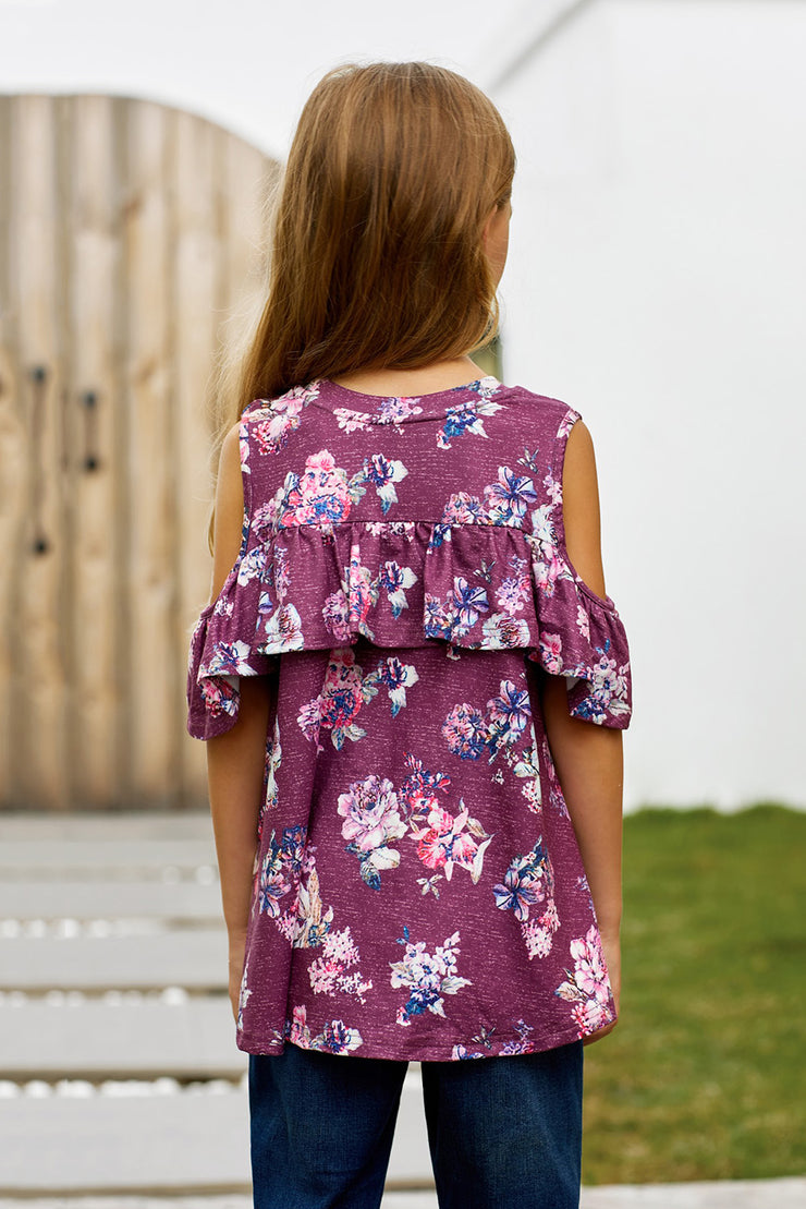 Girls Floral Cold-Shoulder Ruffled Top - Ruby's Fashion