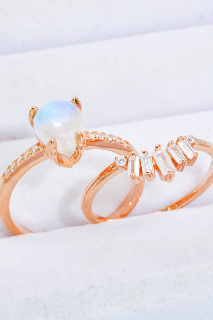 Natural Moonstone and Zircon 18K Rose Gold-Plated Two-Piece Ring Set - Ruby's Fashion