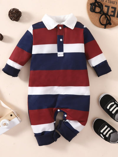 Baby Striped Collared Neck Jumpsuit - Ruby's Fashion