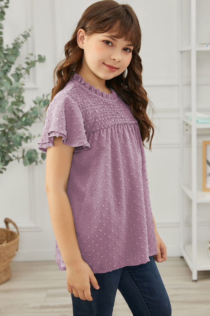 Girls Swiss Dot Smocked Flutter Sleeve Blouse - Ruby's Fashion