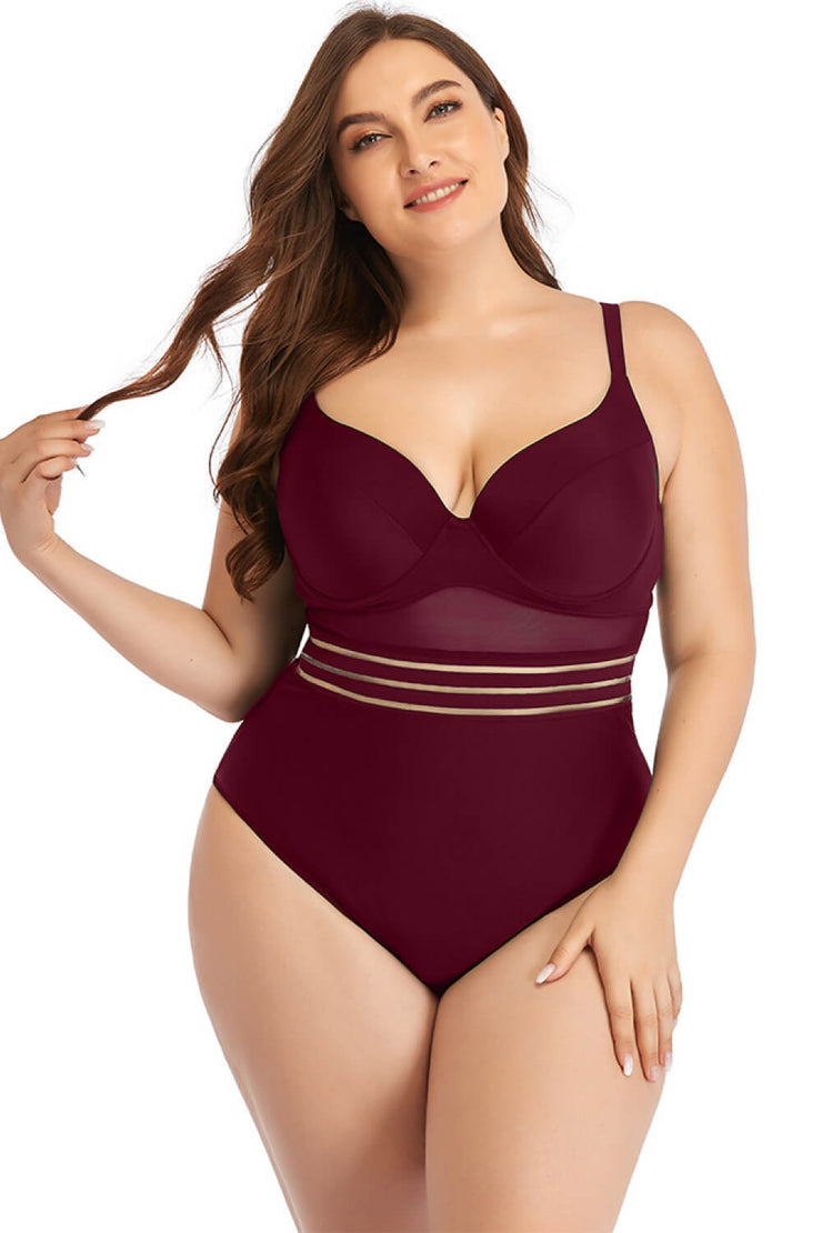 Plus Size Spliced Mesh Tie-Back One-Piece Swimsuit - Ruby's Fashion