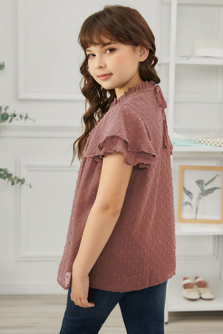 Girls Swiss Dot Smocked Flutter Sleeve Blouse - Ruby's Fashion