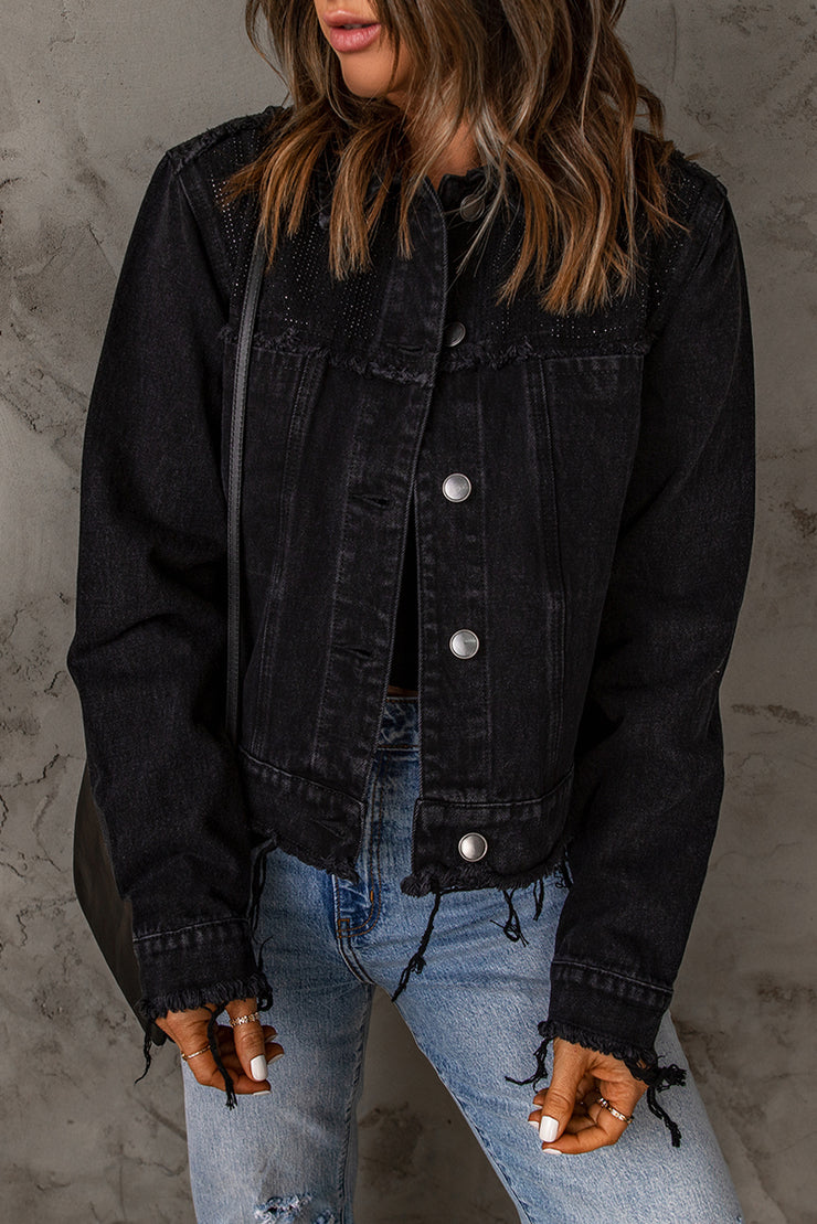 Frayed Trim Button Down Denim Jacket - Ruby's Fashion