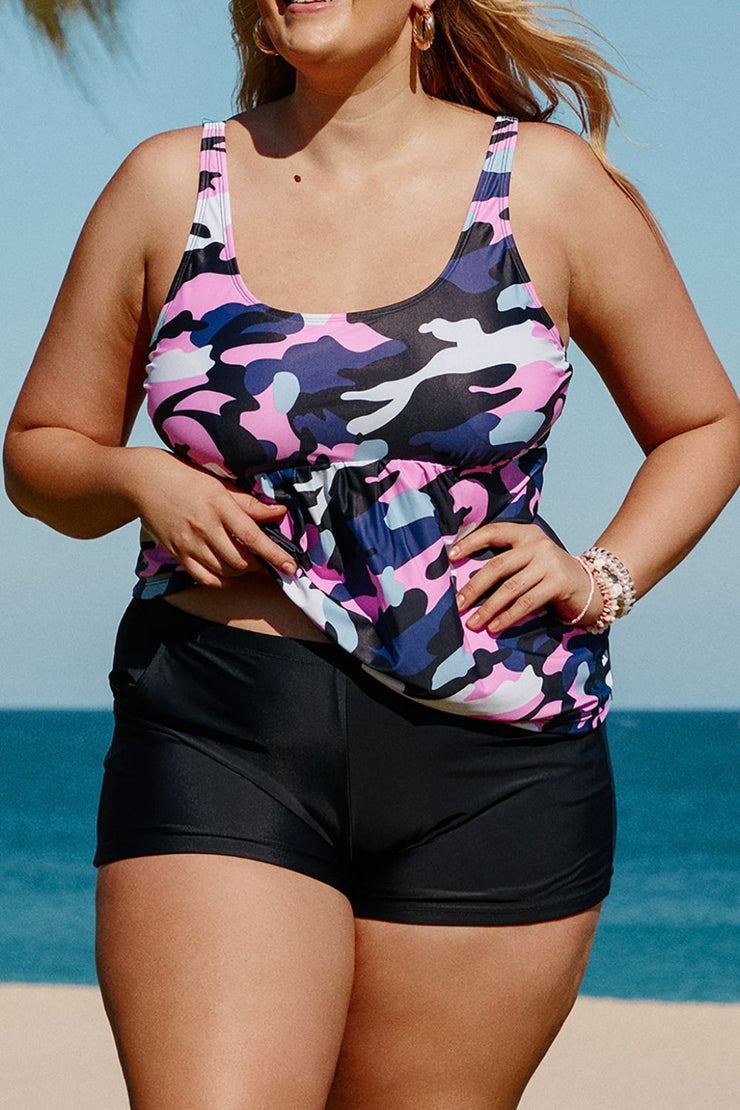 Plus Size Camouflage Peplum Two-Piece Tankini Set - Ruby's Fashion