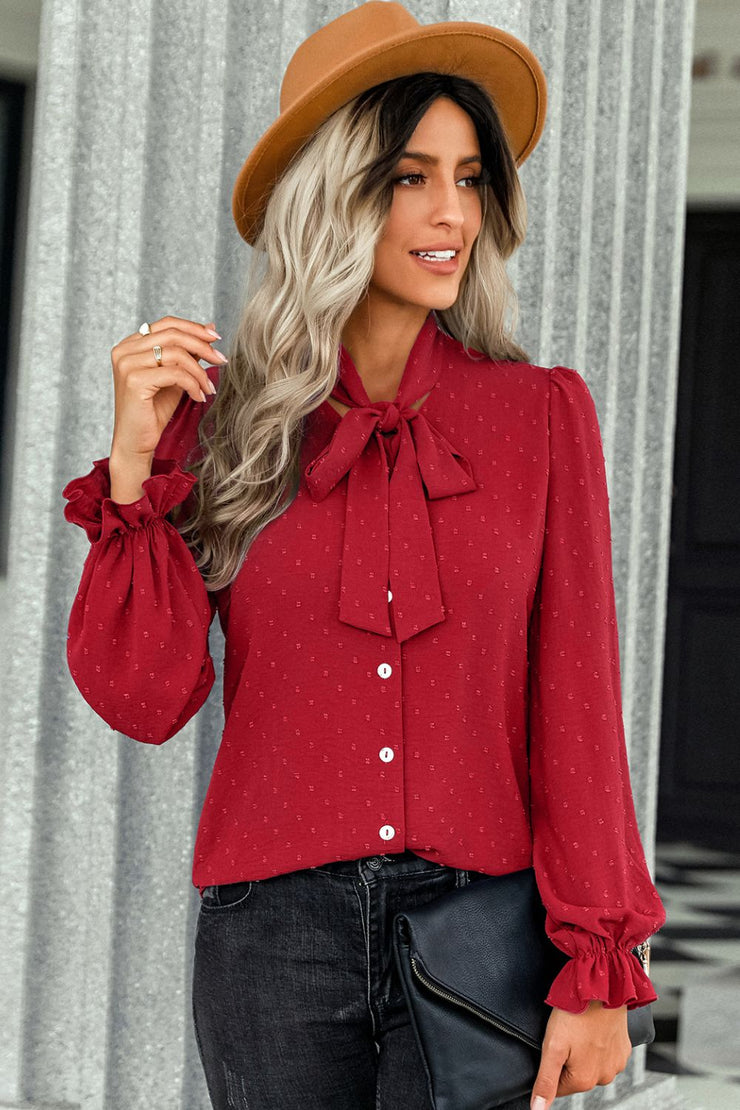 Swiss Dot Tie-Neck Button Front Blouse - Ruby's Fashion