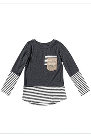 Girls Striped Color Block Sequin Pocket Top - Ruby's Fashion