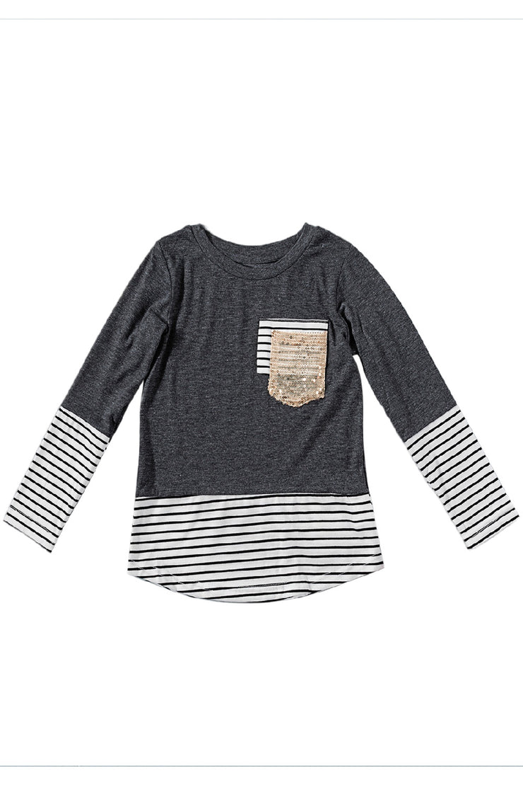 Girls Striped Color Block Sequin Pocket Top - Ruby's Fashion