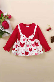 Girls Heart Print Bow Detail Sweater and Flare Pants Set - Ruby's Fashion