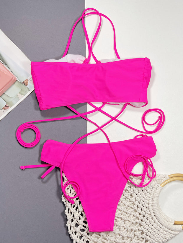 Halter Neck Drawstring Detail Bikini Set - Ruby's Fashion