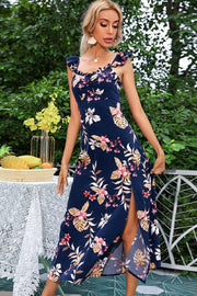 Floral Print Sleeveless Square Neck Slit Midi Dress