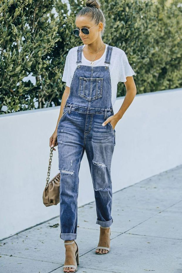 Pocketed Distressed Denim Overalls - Ruby's Fashion