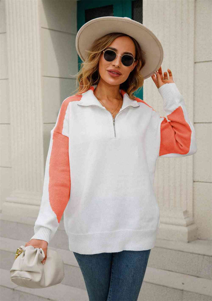 Two-Tone Collared Neck Dropped Shoulder Knit Top