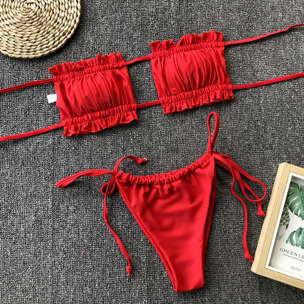 Frill Trim Ruched Bikini Set - Ruby's Fashion