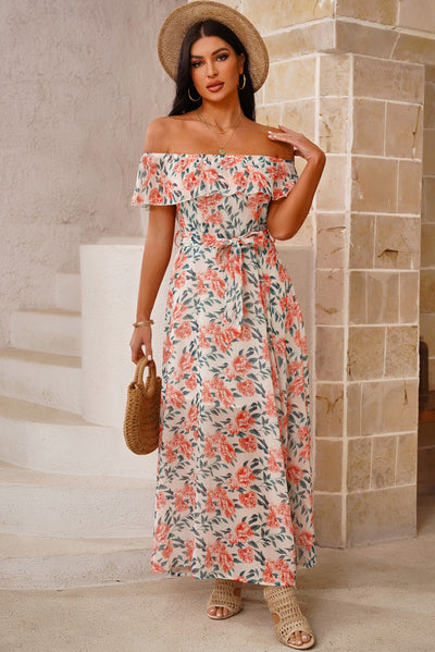 Floral Off-Shoulder Fold-Over Belted Maxi Dress - Ruby's Fashion