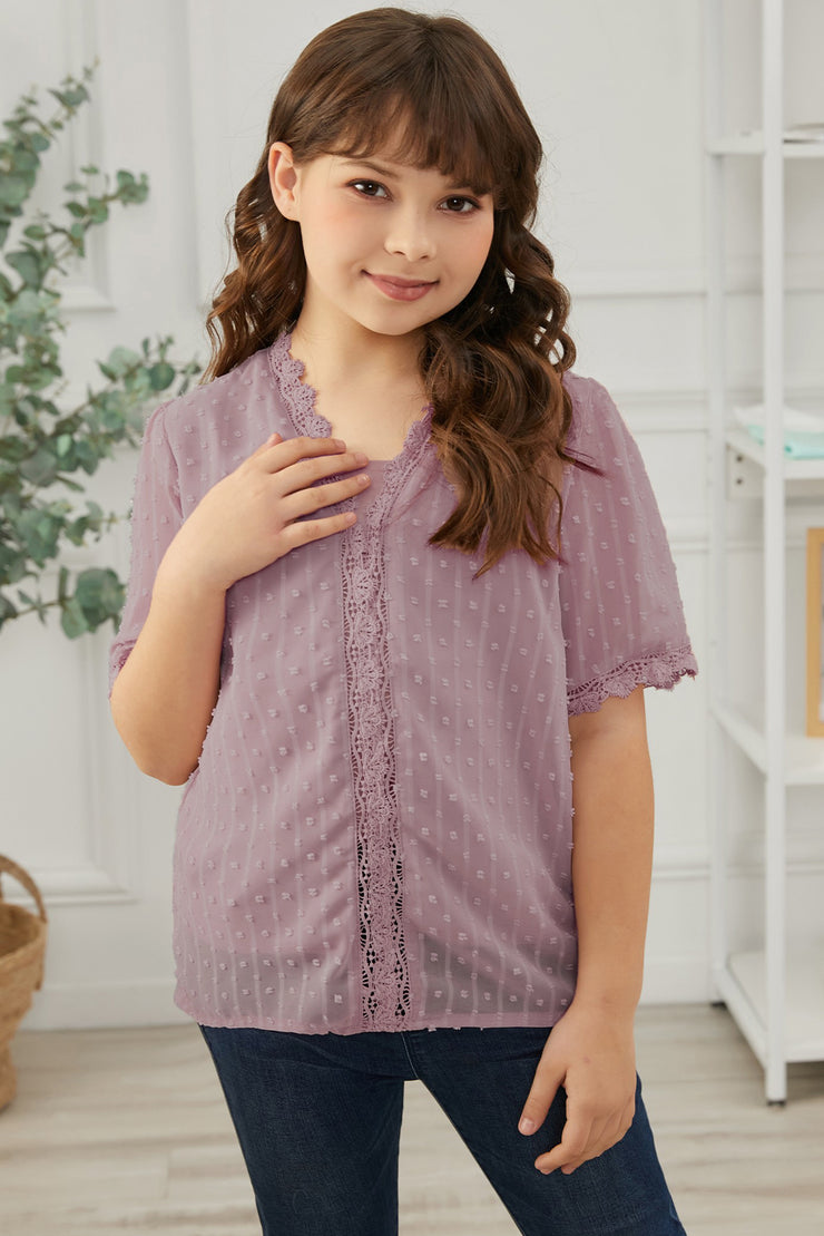 Girls Swiss Dot Spliced Lace Blouse - Ruby's Fashion