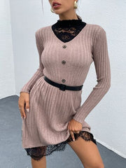 Lace Detail Decorative Button Long Sleeve Sweater Dress