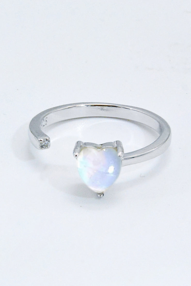 Inlaid Moonstone Heart Adjustable Open Ring - Ruby's Fashion