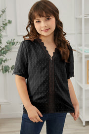 Girls Swiss Dot Spliced Lace Blouse - Ruby's Fashion