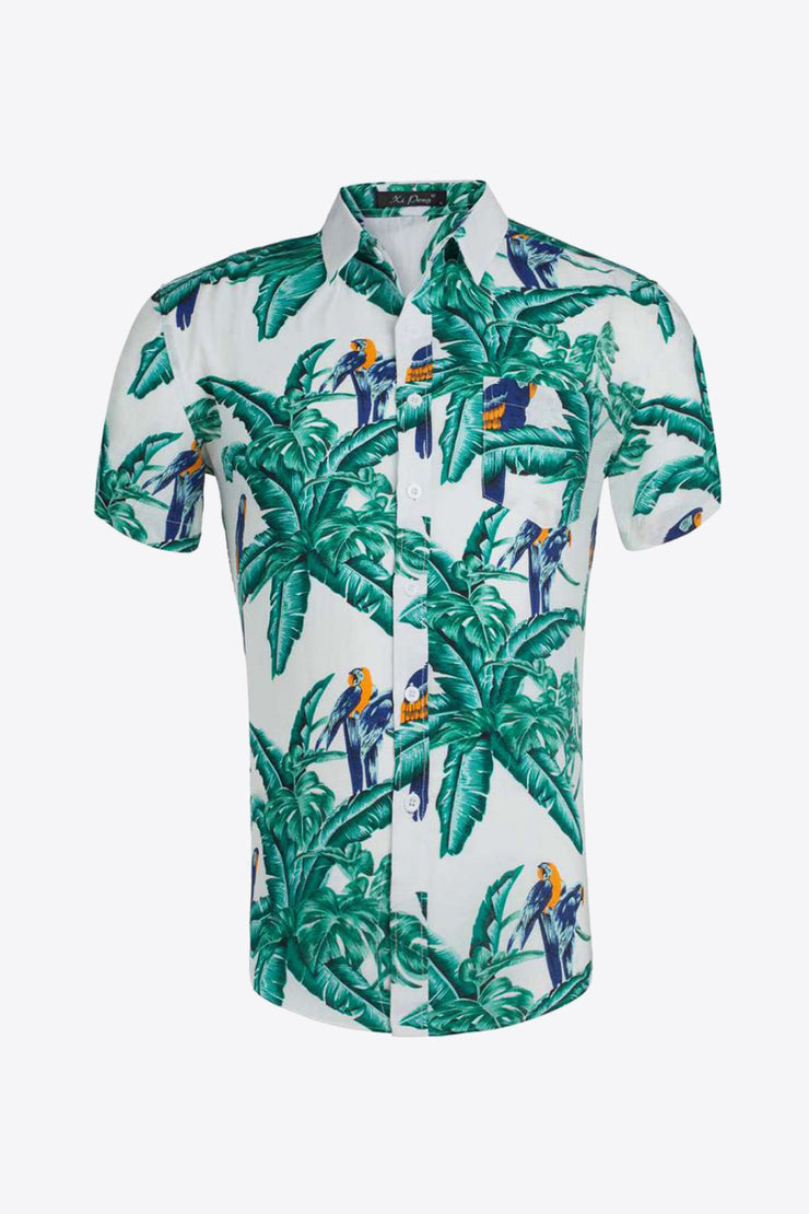 Tropical Pattern Button-Up Collared Beach Shirt