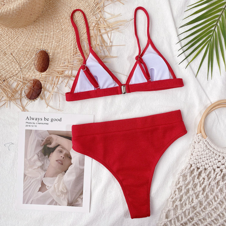 Spaghetti Strap Ribbed Bikini Set - Ruby's Fashion