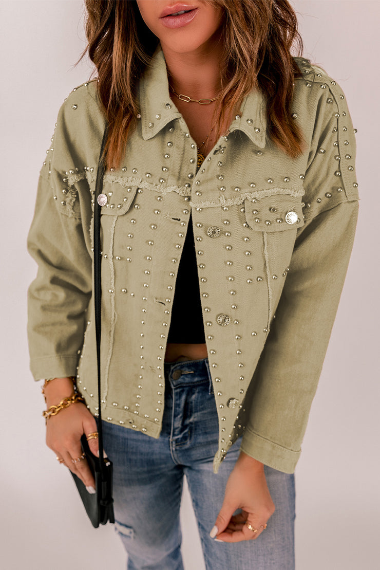 Frayed Trim Rivet Denim Jacket - Ruby's Fashion