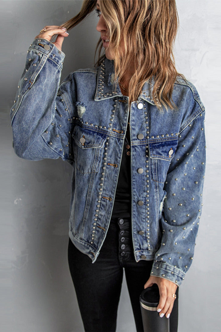 Studded Button Down Denim Jacket - Ruby's Fashion