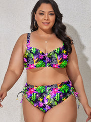 Plus Size Printed Drawstring Detail Bikini Set - Ruby's Fashion