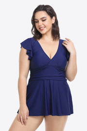 Plus Size Ruffled Plunge Swim Dress and Bottoms Set - Ruby's Fashion