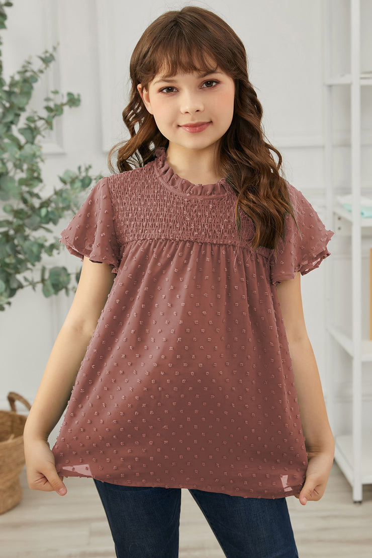 Girls Swiss Dot Smocked Flutter Sleeve Blouse - Ruby's Fashion