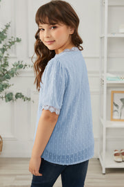 Girls Swiss Dot Spliced Lace Blouse - Ruby's Fashion