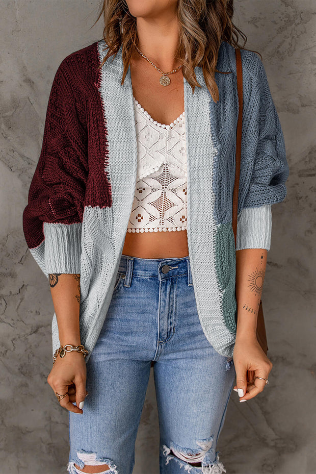 Color Block Cable-Knit Batwing Sleeve Cardigan - Ruby's Fashion