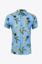 Tropical Pattern Button-Up Collared Beach Shirt