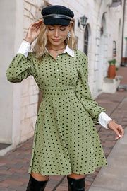 Polka Dot Puff Sleeve Collared Dress - Ruby's Fashion