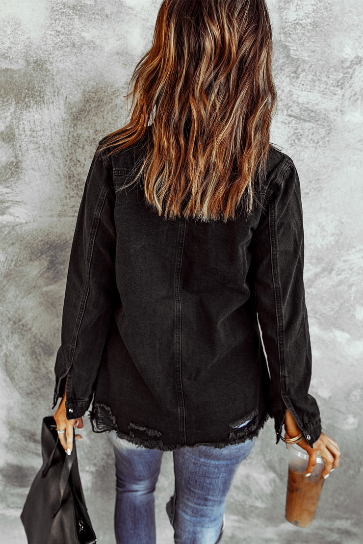 Distressed Snap Down Denim Jacket - Ruby's Fashion