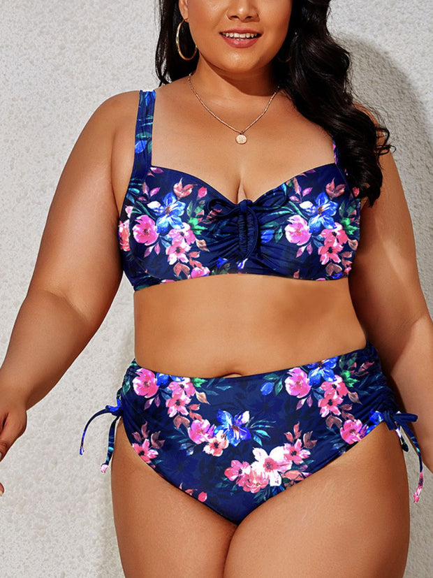 Plus Size Printed Drawstring Detail Bikini Set - Ruby's Fashion