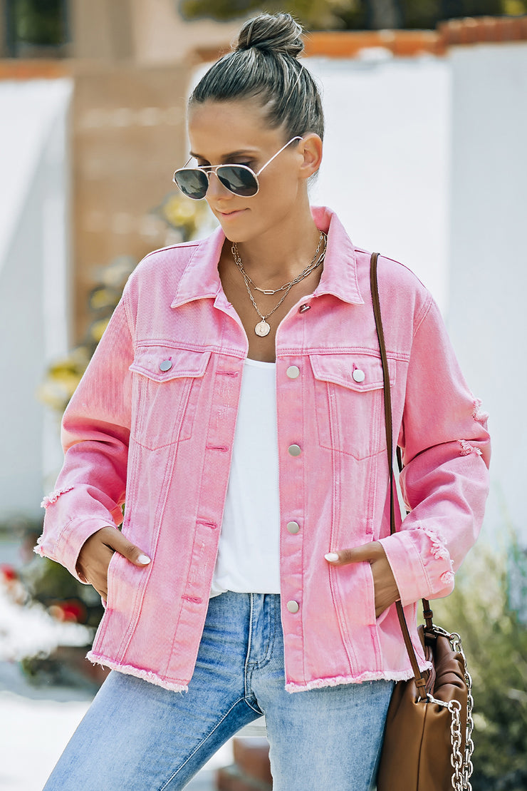 Distressed Raw Hem Denim Jacket - Ruby's Fashion