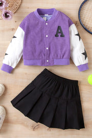 Girls Contrast Bomber Jacket, Tank, and Pleated Skirt Set - Ruby's Fashion